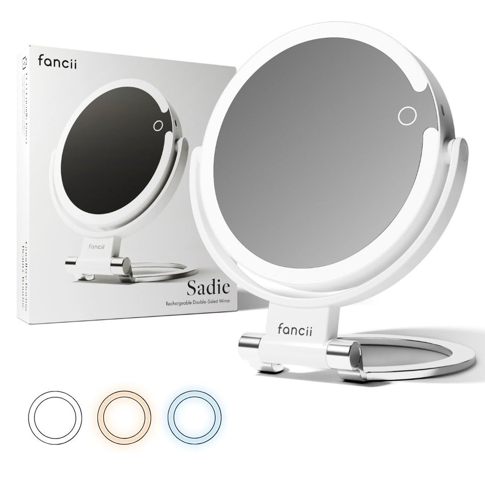 Fancii Travel Magnifying Mirror 10x /1x with Lights, Rechargeable | 9-Inch Extra Large LED Lighted Makeup Mirror, Folding Double Sided Portable Vanity Mirror, 3 Light Settings, Touch Sensor (Sadie)