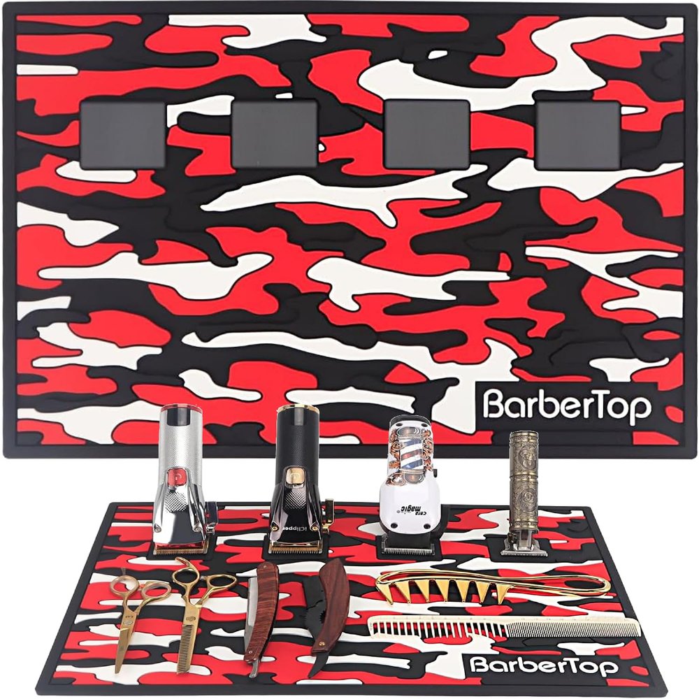 Barber Magnetic Mats,Anti-Slip Flexible Rubber Scissors Salon Mat,11.8Wx17.7L Tools Countertop Silicone Heat Resistant Styling Tools Magnetic Organizer Mat Magnetic Hair Clippers Mat (Red)