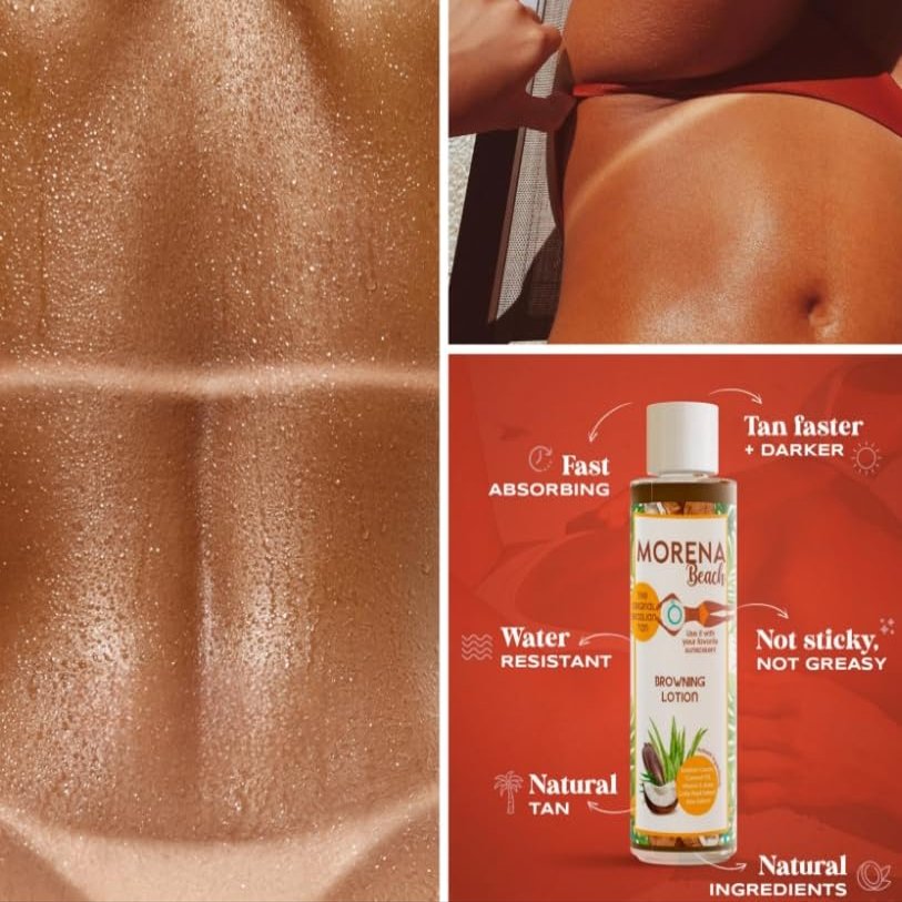 Morena Beach Tanning Lotion - Fast Absorbing, Brazilian Natural Ingredients, 8 oz - Perfect for Sun-Kissed Glow, Hydrates Skin, Non-Greasy
