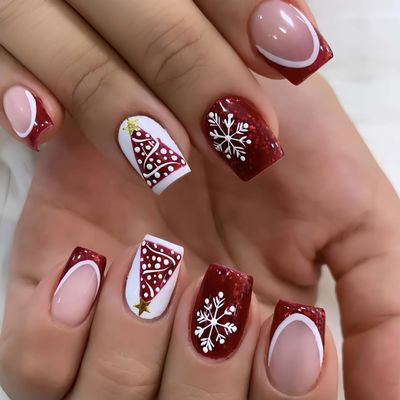 French Tip Press on Nails Short Square - Red With Santa Hat Snowflake Designs, Glitter False Nails, Glossy Acrylic Full Cover Glue on for Women Girls - 24 Pcs