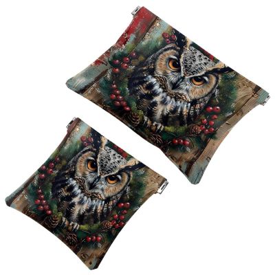 2 Pcs Pocket Cosmetic Bag, Owl on Wood Plank Self-Closing Shrapnel Makeup Bag No Zipper Small Makeup Pouch for Mini Travel Storage for Cosmetics Headphones Jewelry Organizer