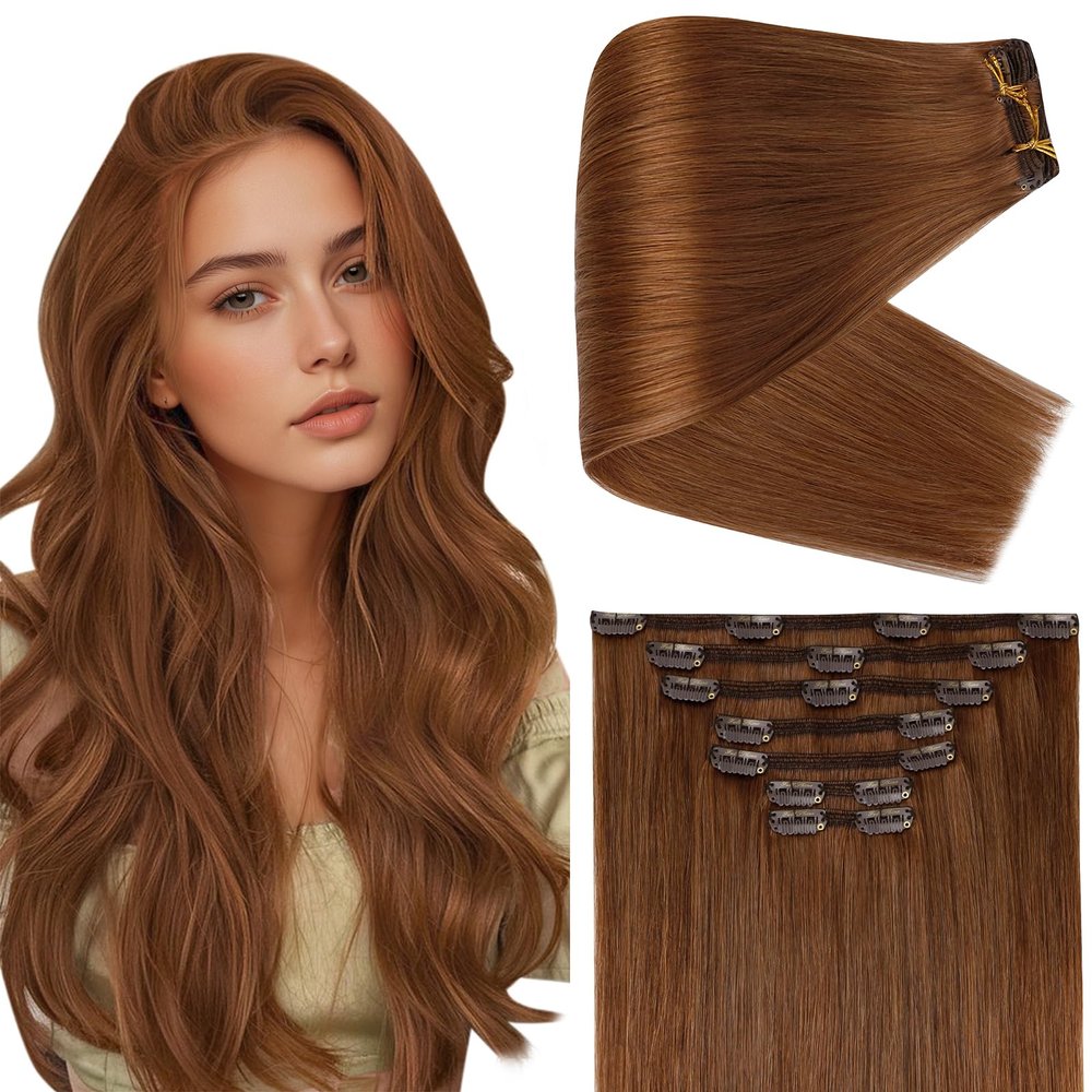 Full Shine Ginger Clip in Hair Extensions 20 Inch Ginger Human Hair Extensions Clip ins for Festivals for Volume for Highlights 150 G 7 Pcs