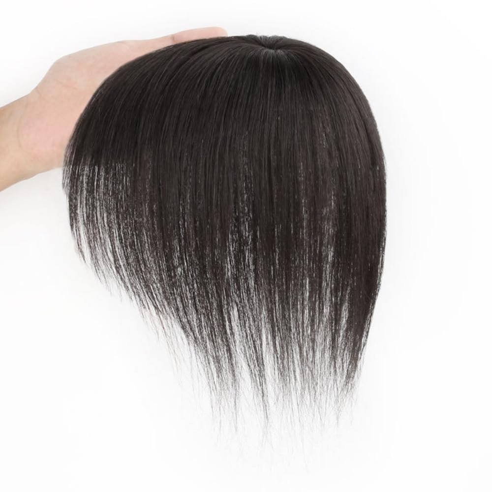 Yanamy One -piece Short Straight Hair Hairpiece Clip In Toppers Human Hair Wiglet Hairpiece with Bangs for Women Thin Hair White Hair Hair Loss (Dark Brown,25cm)