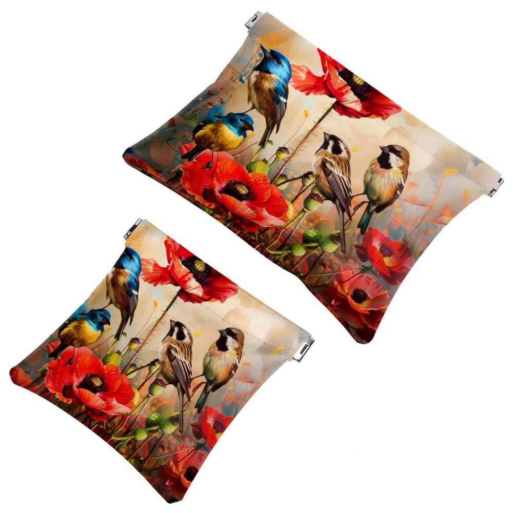 2 Pcs Pocket Cosmetic Bag, Birds and Red Poppy Flowers Self-Closing Shrapnel Makeup Bag No Zipper Small Makeup Pouch for Mini Travel Storage for Cosmetics Headphones Jewelry Organizer
