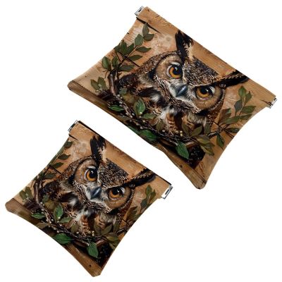2 Pcs Pocket Cosmetic Bag, Owl on Wooden Self-Closing Shrapnel Makeup Bag No Zipper Small Makeup Pouch for Mini Travel Storage for Cosmetics Headphones Jewelry Organizer