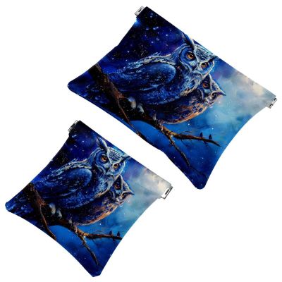 2 Pcs Pocket Cosmetic Bag, Owls on Blue Galaxy Self-Closing Shrapnel Makeup Bag No Zipper Small Makeup Pouch for Mini Travel Storage for Cosmetics Headphones Jewelry Organizer