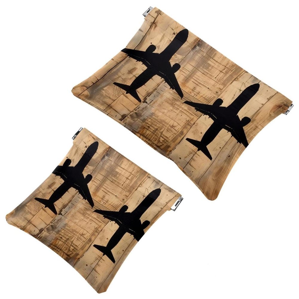 2 Pcs Pocket Cosmetic Bag, Airplanes Silhouettes on Wooden Boards Self-Closing Shrapnel Makeup Bag No Zipper Small Makeup Pouch for Mini Travel Storage for Cosmetics Headphones Jewelry Organizer