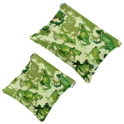 2 Pcs Pocket Cosmetic Bag, Green Froggy Pattern Self-Closing Shrapnel Makeup Bag No Zipper Small Makeup Pouch for Mini Travel Storage for Cosmetics Headphones Jewelry Organizer