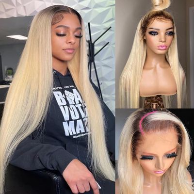 13x4 HD Lace Frontal Wigs 1B613 Ombre Blonde Human Hair Pre Plucked 150% Density 24 Inch Straight Bleached Knots with Dark Roots Transparent Invisible Glueless Lace Front Human Hair wigs for Women