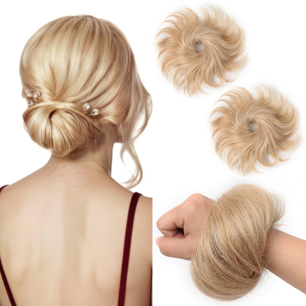 FGZJMAE Human Hair Bun Hair Piece Light Golden Brown Highlighted Bleach Blonde Tousled Stretchy Fluffy Donut Messy Bun with Elastic Band(2 Count #P12-613