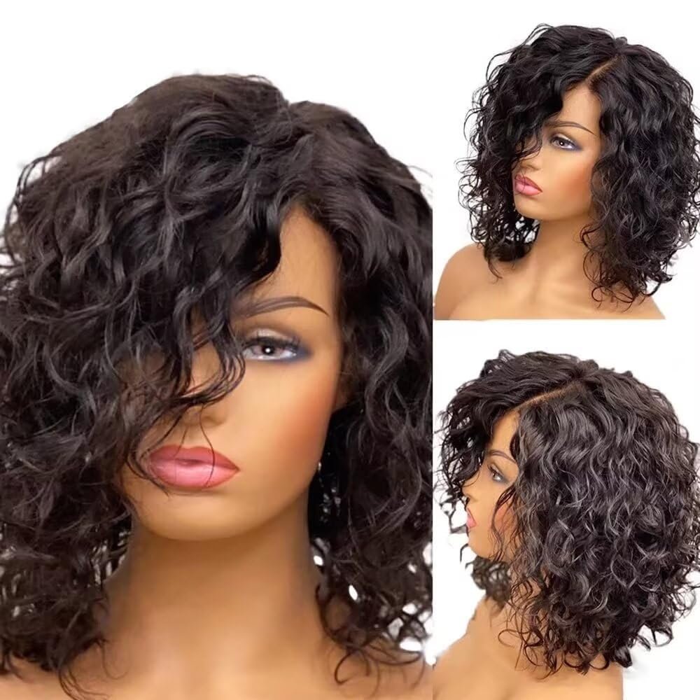 13x4 HD Invisible Lace Front Short Bob Natural Curly Human Hair Wigs for Black Women 150% Density Brazilian Remy Hair Pixie Short Curly Bob Cut Blunt Lace Wig Pre Plucked Glueless Wig 12Inch
