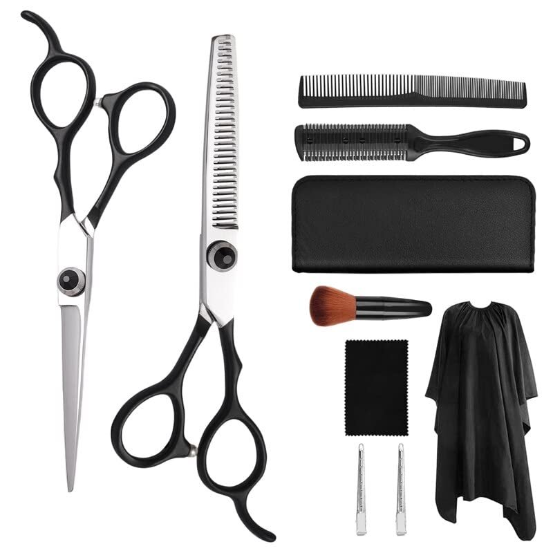 OKPJFHS Professional Hair Cutting Shears, 6 Inch Salon Black Handle Cutting Carbon Barber Hair Scissors Thinning Scissors Set (Color : Black)(