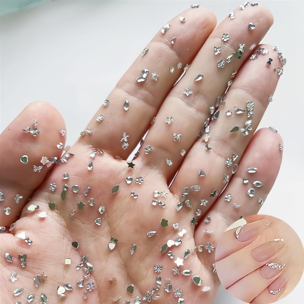 2000pcs Shiny Crystals White Flatback Rhinestones Glitter Silver Multi Shapes Charms Flower Star Moon Heart Designs Diamonds Cute Mini Gems Decoration for Nail Art