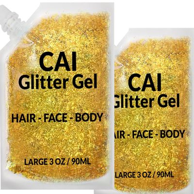 Face, Body & Hair Glitter Gel  Halloween Glitter for Kids and Women  3 Oz Cosmetic-Grade Gel w/Moon & Stars for Festivals & Halloween Party, Easy Apply & Wash Off - Gold 2Pack