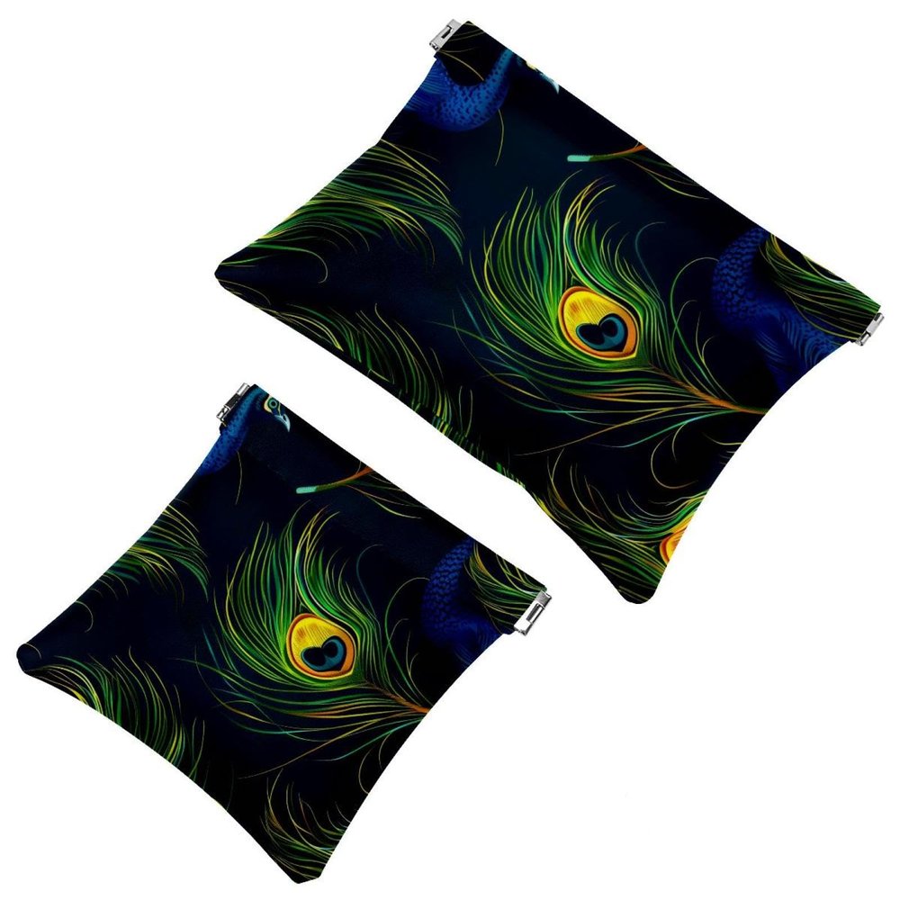 2 Pcs Pocket Cosmetic Bag, Peacock Feather Green Pattern Self-Closing Shrapnel Makeup Bag No Zipper Small Makeup Pouch for Mini Travel Storage for Cosmetics Headphones Jewelry Organizer