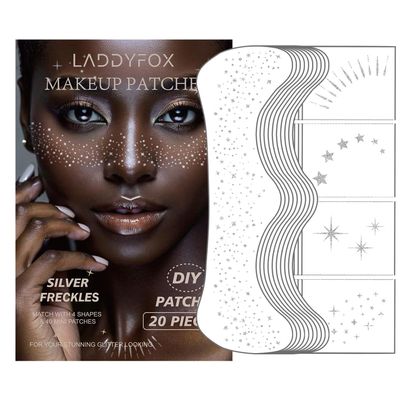 20 Pcs Silver Face Makeup Patches, Silver Glitter Freckles Face Tattoo, Easy Application Sparkle Makeup Freckles, Waterproof Glitter Temporary Tattoos for Women