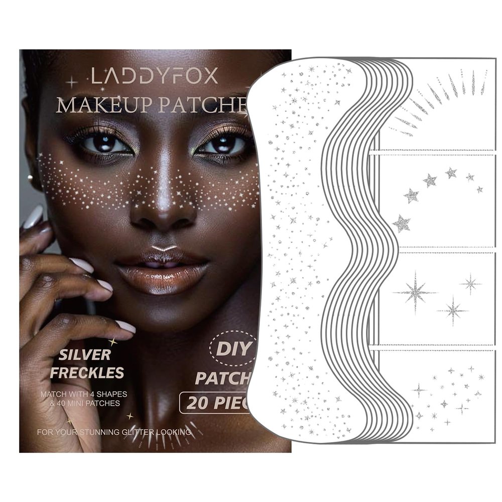 20 Pcs Silver Face Makeup Patches, Silver Glitter Freckles Face Tattoo, Easy Application Sparkle Makeup Freckles, Waterproof Glitter Temporary Tattoos for Women