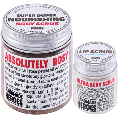 Rose Petal Scrub Foot & Body Exfoliator and Lip Scrub Bundle - 100% Natural Vegan Skin Care by Handmade Heroes