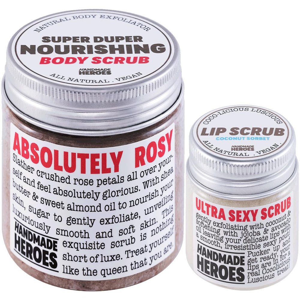 Rose Petal Scrub Foot & Body Exfoliator and Lip Scrub Bundle - 100% Natural Vegan Skin Care by Handmade Heroes