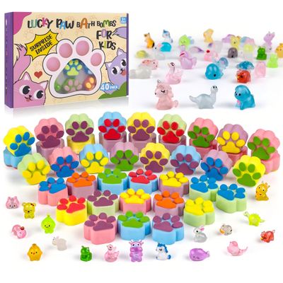 Bath Bombs for Kids with Surprise Inside, 40 Large Number Pack Paw Shape Bath Bombs Gift Set, Natural Organic Kids Bubble Bath Fizzy for Girls Boys with Bath Toys Inside