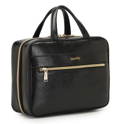 Yeiotsy Hanging Toiletry Bag - Waterproof Vegan Leather Organizer with Wet-Dry Compartments, Foldable Design for Camping, Gym & Business Travel (Black, Large)