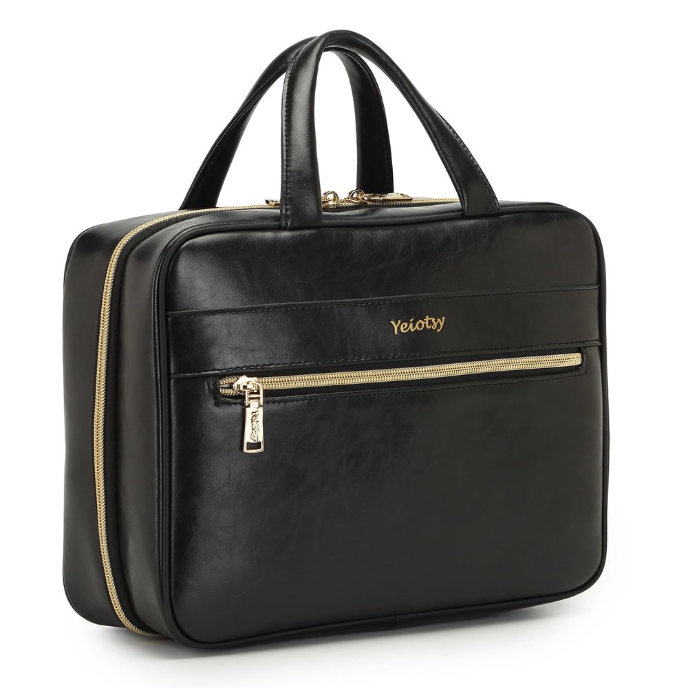 Yeiotsy Hanging Toiletry Bag - Waterproof Vegan Leather Organizer with Wet-Dry Compartments, Foldable Design for Camping, Gym & Business Travel (Black, Large)