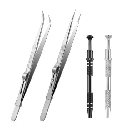 4 Pcs Piercing Ball Grabber Tool Tweezers Jewelers Holder Pick up Tool Gem Stone Jewelry Locking Tweezers Stainless Steel Precision Claw Holder for Tiny Objects Electronic Components