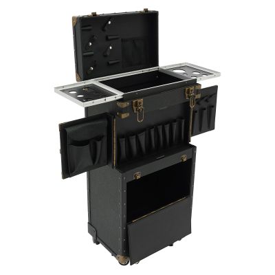 Pxolerig Punk Style Rolling Makeup Train Case, Beauty Salon Makeup Train Case w/Keys, Hair Stylist Rolling Case, Hairdressing Travel Case for Hairstylists, Black