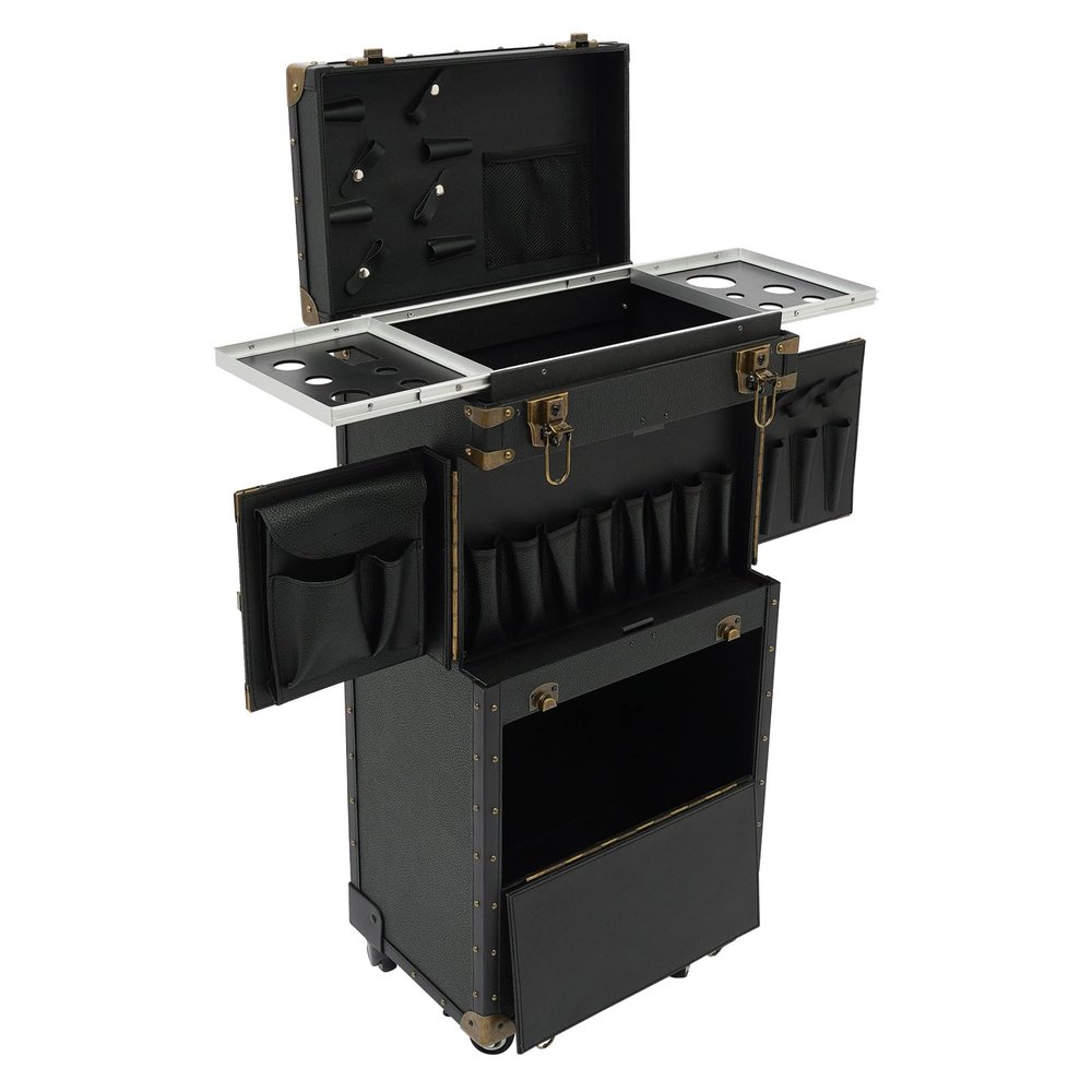 Pxolerig Punk Style Rolling Makeup Train Case, Beauty Salon Makeup Train Case w/Keys, Hair Stylist Rolling Case, Hairdressing Travel Case for Hairstylists, Black
