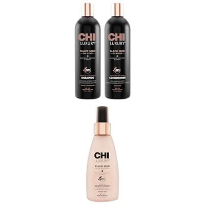 Bundle of CHI Brand Luxury Black Seed Oil Blend Gentle Cleansing Shampoo & Moisture Replenish Conditioner 12 Fl Oz Each (pack Of 2) + CHI Luxury Black Seed Oil Leave-In Conditioner, 4 Oz