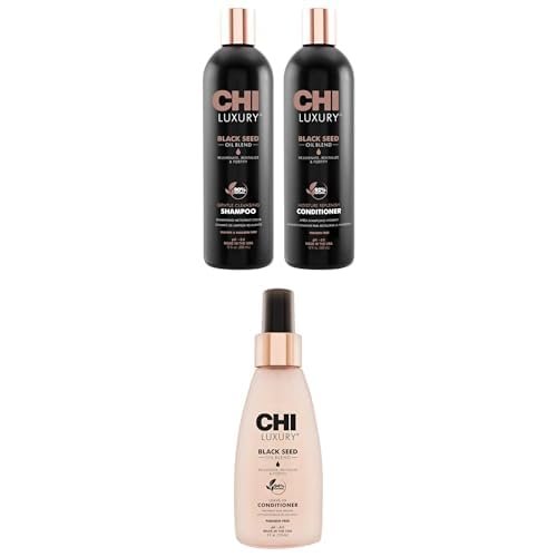 Bundle of CHI Brand Luxury Black Seed Oil Blend Gentle Cleansing Shampoo & Moisture Replenish Conditioner 12 Fl Oz Each (pack Of 2) + CHI Luxury Black Seed Oil Leave-In Conditioner, 4 Oz