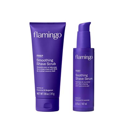 Flamingo Shaving Prep and Post Care Set for Women - Smoothing Shave Prep Scrub and Soothing Post Shaving Serum - Glow Shave Collection