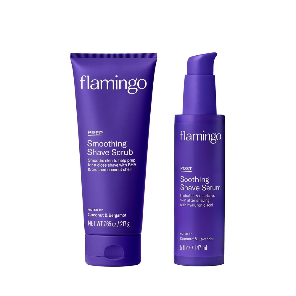 Flamingo Shaving Prep and Post Care Set for Women - Smoothing Shave Prep Scrub and Soothing Post Shaving Serum - Glow Shave Collection