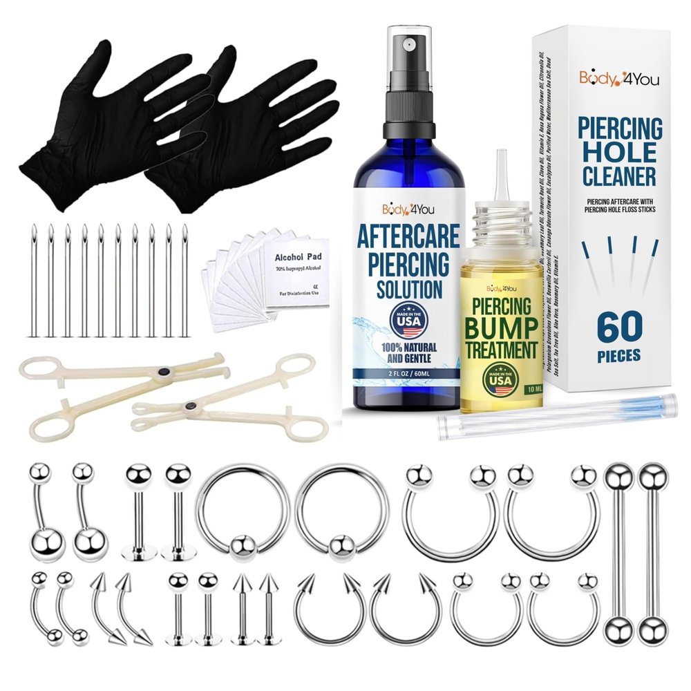 BodyJ4You 36PC Piercing Kit Aftercare Spray Keloid Bump Removal Piercing Hole Cleaner  Surgical Steel Jewelry, Tools, and Natural Saline Wound Wash