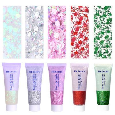 Face Body Glitter, Hair Glitter Sparkles Chunky Face Glitter Gel for Girls Makeup Singer Concerts Mermaid Festival Sequins Face Paint (White+Silver+Pink+Red+Green)