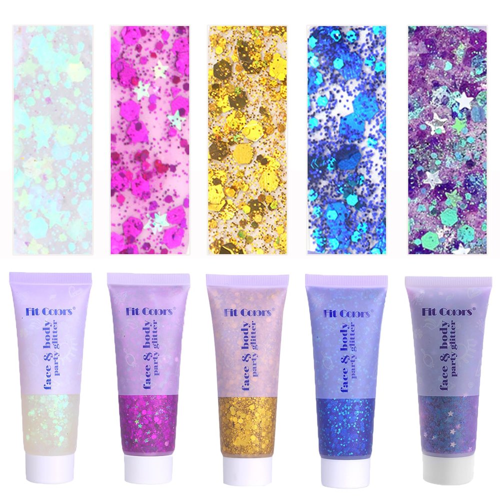 Face Body Glitter, Hair Glitter Sparkles Chunky Face Glitter Gel for Girls Makeup Singer Concerts Mermaid Festival Sequins Face Paint (White+Rose+Gold+Blue+Purple)