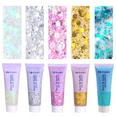 Face Body Glitter, Hair Glitter Sparkles Chunky Face Glitter Gel for Girls Makeup Singer Concerts Mermaid Festival Sequins Face Paint (White+Silver+Pink+Gold+Light Blue)