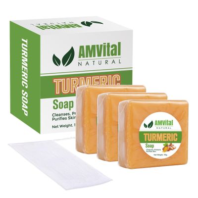 AMVital Turmeric Soap Bar for Face & Body Handmade Natural Cleanser, Gentle Herbal Skincare for All Skin Types, Face Wash & Body Soap (Pack of 3)