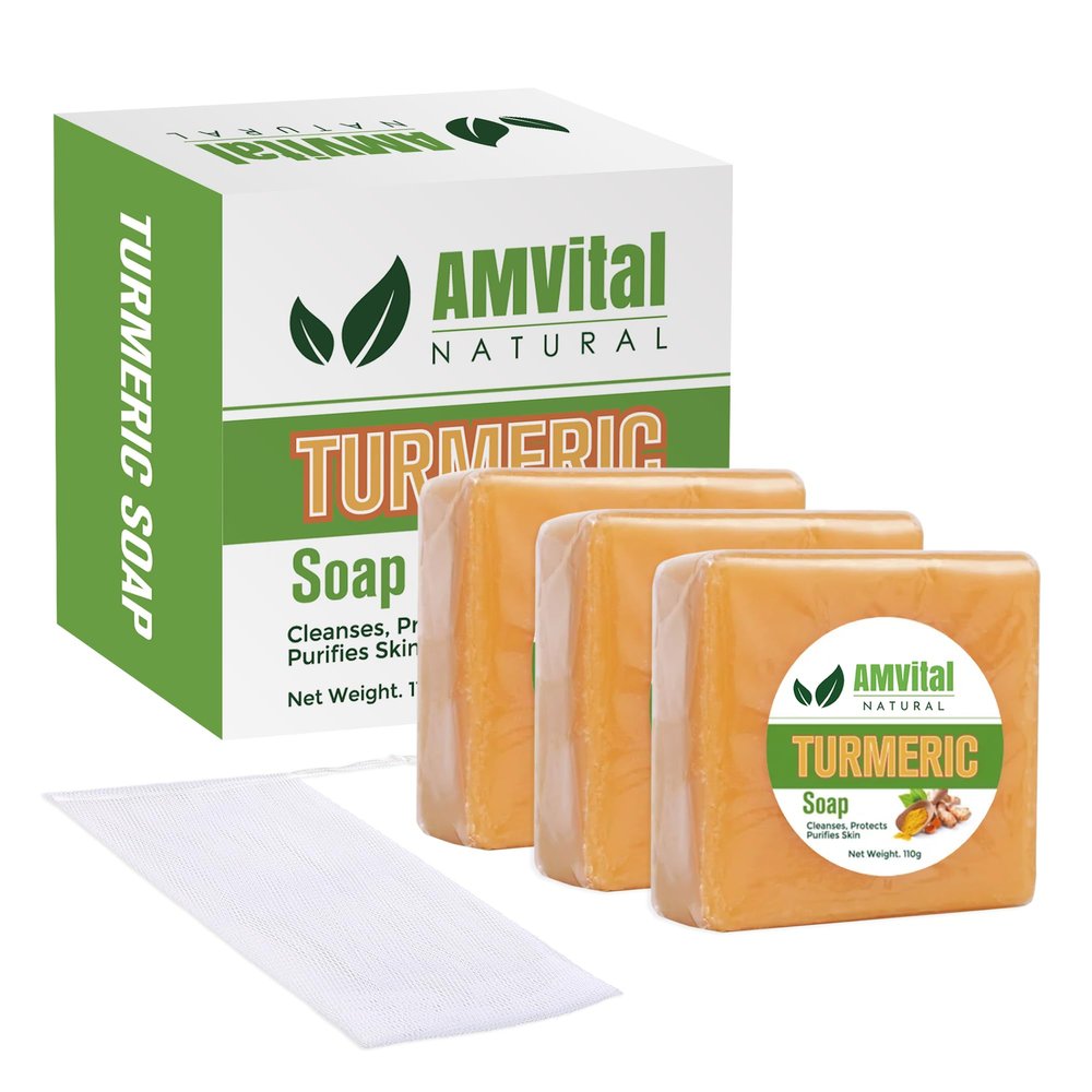 AMVital Turmeric Soap Bar for Face & Body Handmade Natural Cleanser, Gentle Herbal Skincare for All Skin Types, Face Wash & Body Soap (Pack of 3)