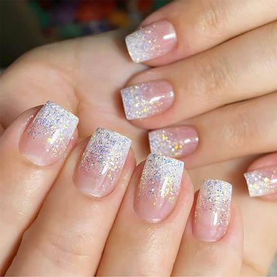 24pcs Glitter Press on Nails Short Square Cute Pink Fake Nails Glossy Stick on Nails Full Cover Acrylic Nails for Women Girl Nail Design Decoration