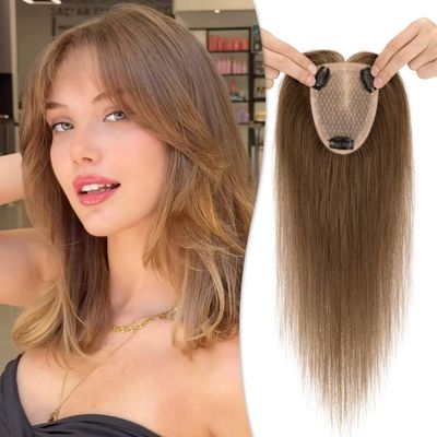 TESSHAIR Human Hair Topper for Women No Bangs, 100% Remy Toppers Hair Pieces for Women,150% Density, No Tangle & Smooth, 16 Inch #Medium Brown