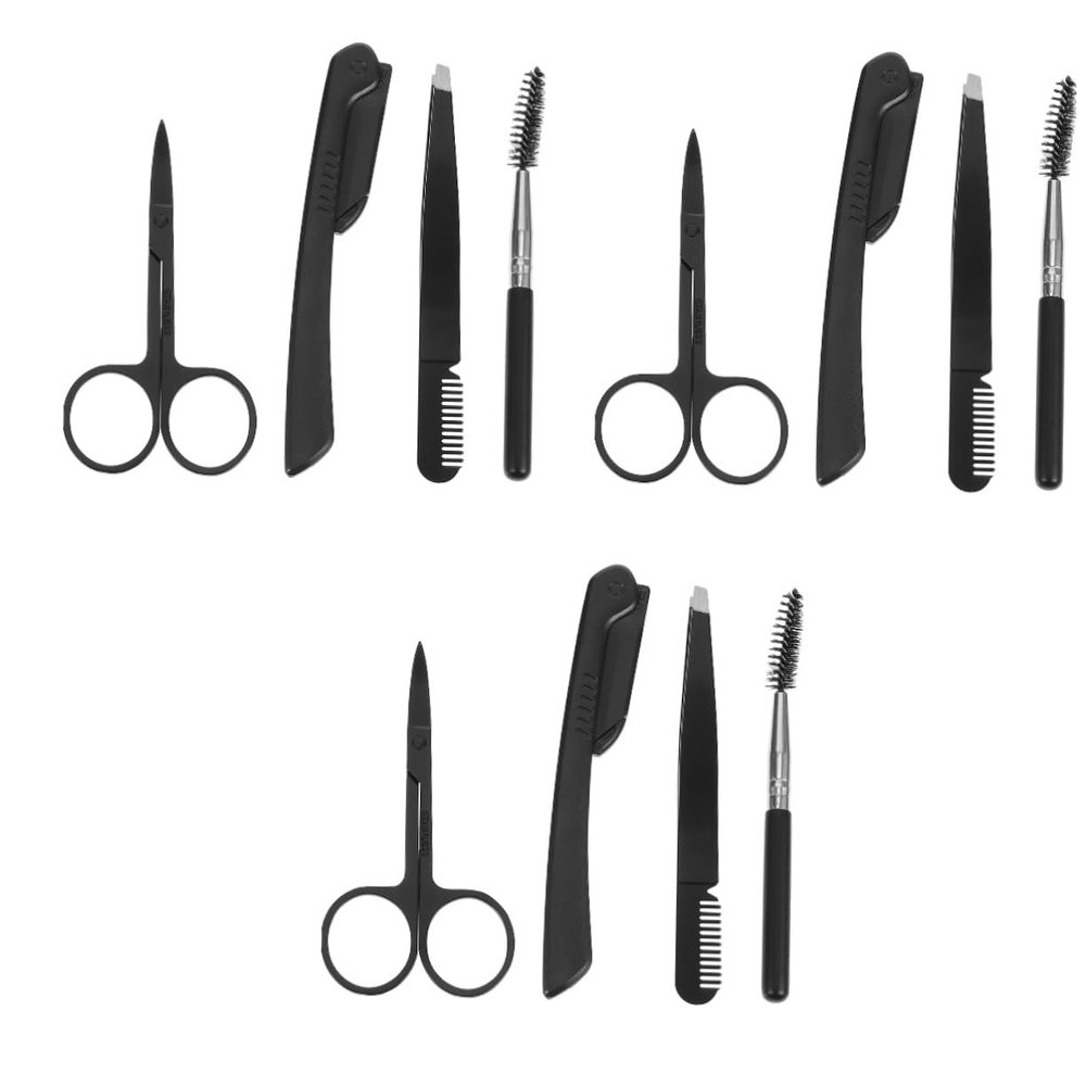 FOMIYES 3sets Stainless Steel Eyebrow Grooming Kit Brush Tweezers Razor Scissors for Women Men Travel for Outdoor