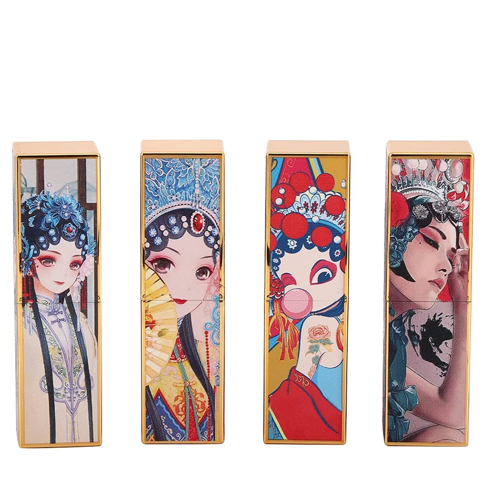 4 Pcs Opera China Style Empty Lipstick Tubes, Refillable DIY Lip Balm Tube Lipstick with Magnetic Button for DIY Homemade Lipsticks, Chapsticks (One word that resonates + a golden fan + one frown)