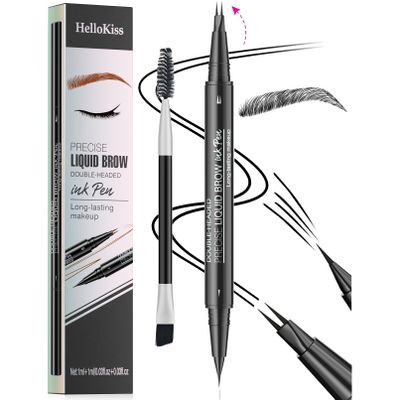 9708 2-Tip Double-Ended Eyebrow Pen, 2-in-1, with Eyebrow Brush. Waterproof and Sweat Proof,Precise Liquid Brow, 5 Shades, Long-Lasting(5#Black)