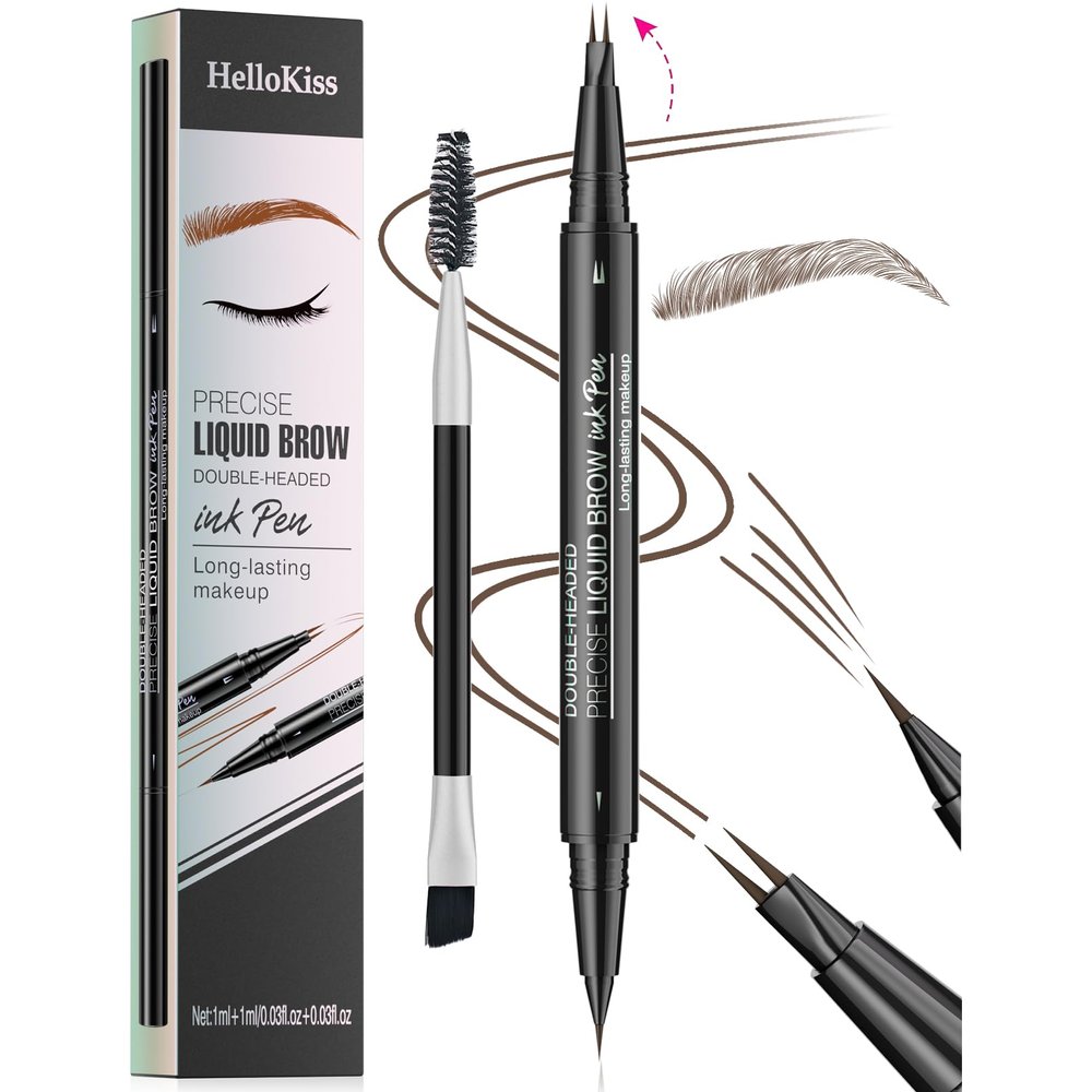 9708 2-Tip Double-Ended Eyebrow Pen, 2-in-1, with Eyebrow Brush. Waterproof and Sweat Proof,Precise Liquid Brow, 5 Shades, Long-Lasting (2#Brown)