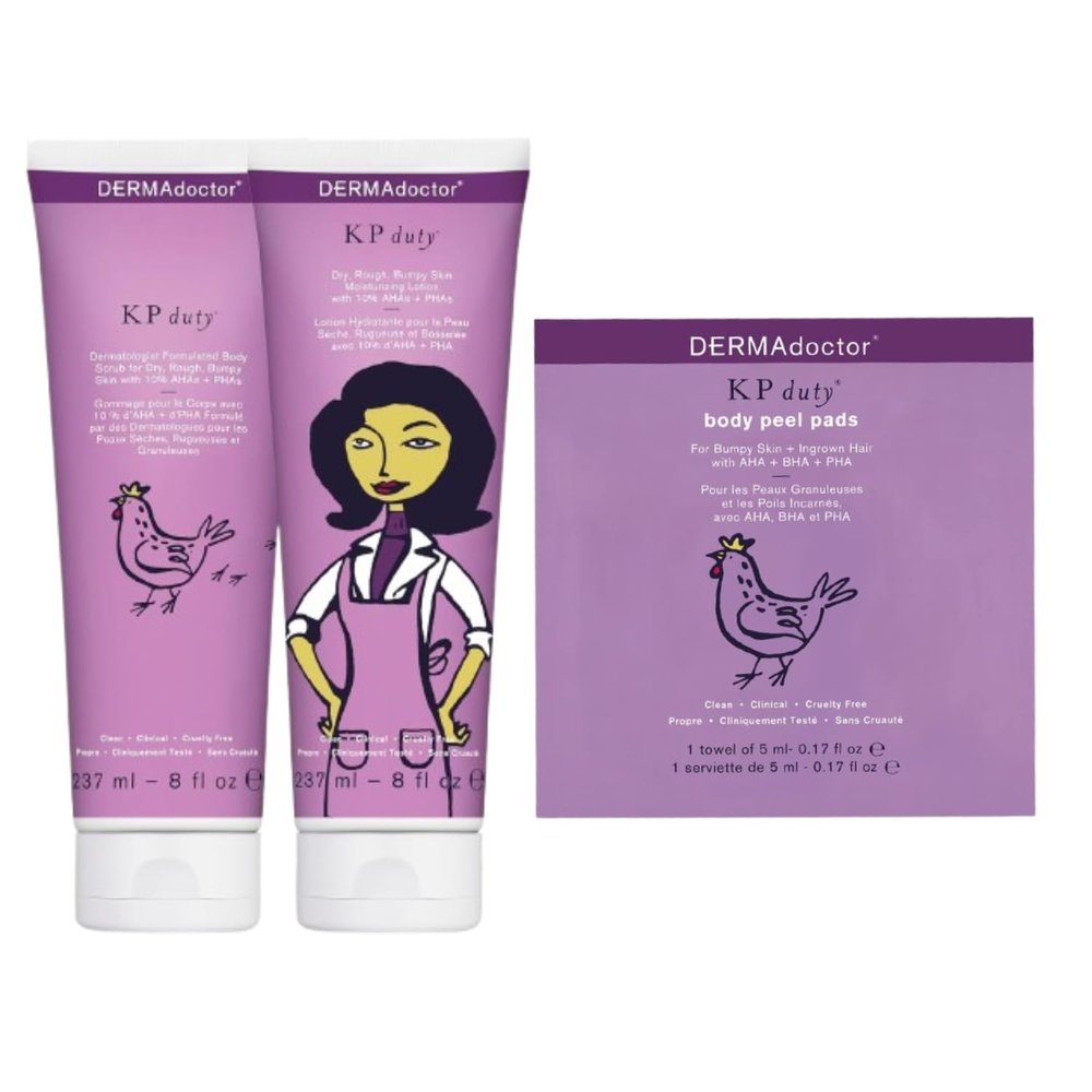 DERMAdoctor KP Bump Eraser Body Scrub, Lotion & Body Peel Pads | Keratosis Pilaris Treatment with 10% AHAs + BHAs for Smooth, Hydrated Skin