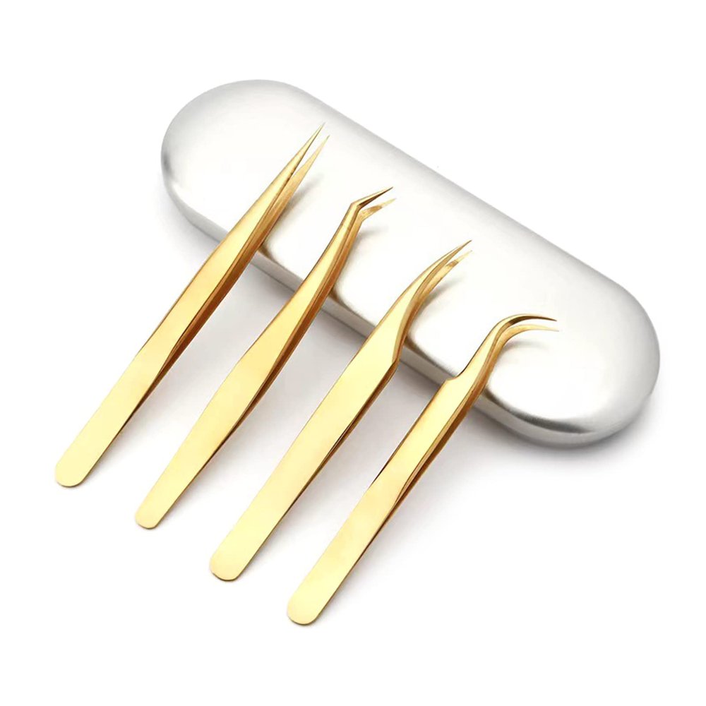 4PCS Eyelash Tweezers Stainless Steel Straight + Curved Colored Tweezers For Art Sticker Makeup Tool Clip Pliers