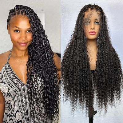 CHARMING YOU Braided Wig Human Hair Full Lace Boho Box Braids Wig Knotless 300Density Pre Plucked With Curly Ends Goddess Glueless Transparen Lace Wigs For Women Natural Color 26 Inch