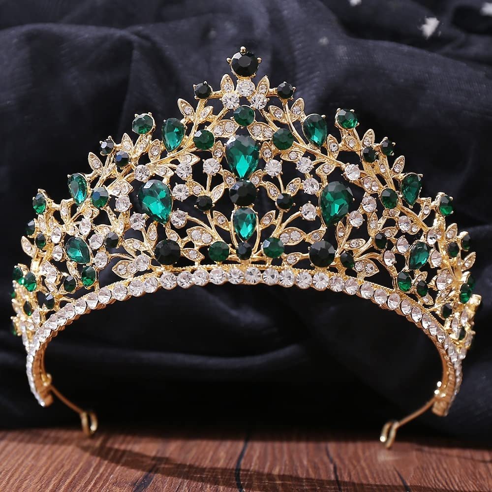 XMKJCHA Hair Jewelry Crown Tiaras for Women Baroque Elegant Green Crystal Crown Bride Tiara Women Wedding Princess Queen Rhinestone Headpiece Hair Jewelry Accessories (Color : Green gold-15)