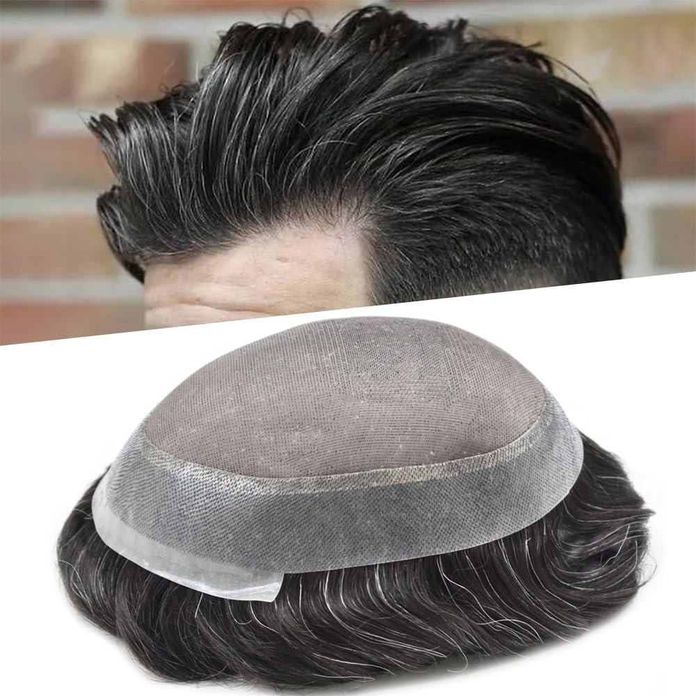 Hair Wonders Hair Piece for Men Fine Mono Hair Replacement System for Men Poly Skin Around Mens Toupee Real Human Hair Mens Hairpieces 8X10#1B10#1B Off Black+10% Grey